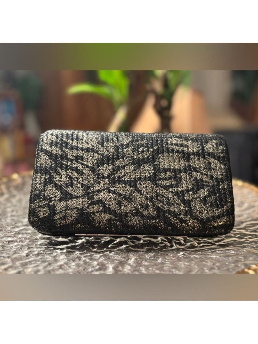 Rubi Textured Woven Hard-Case Clutch • Black & Taupe • Structured Evening Wallet